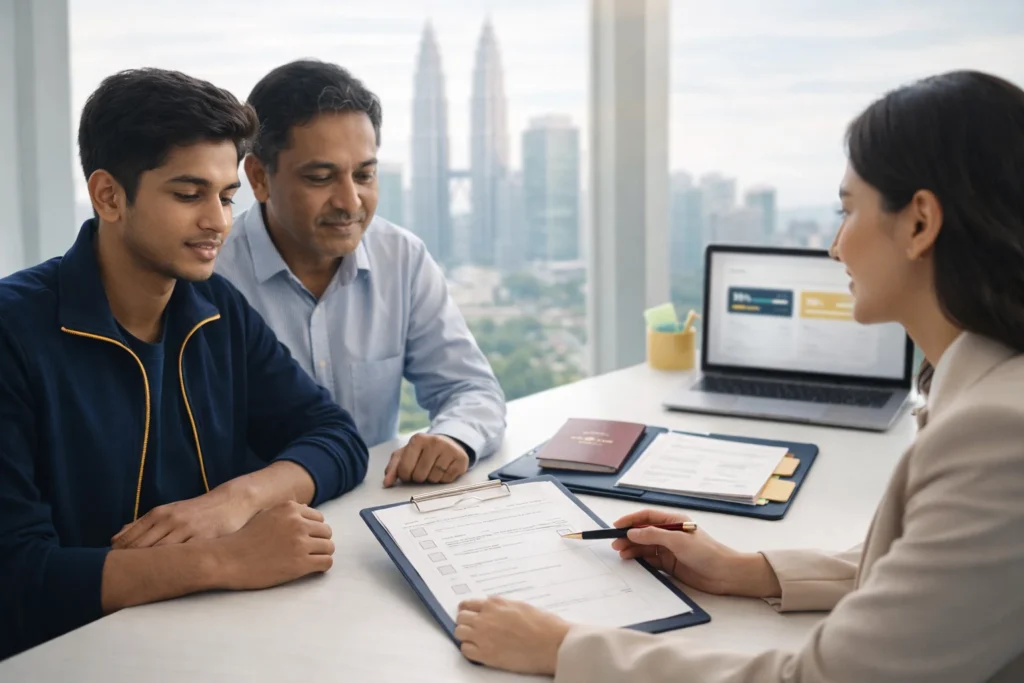 Malaysia student visa document checklist and application papers on a desk with Kuala Lumpur skyline view