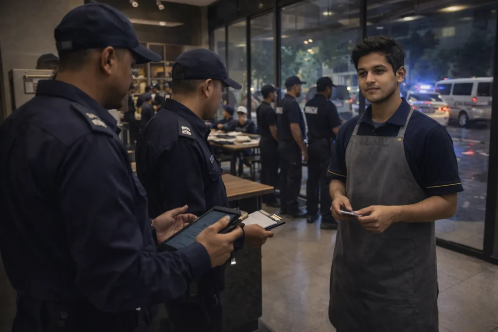 Immigration officers checking documents during a raid while an international student works a part-time job at a cafe in Malaysia