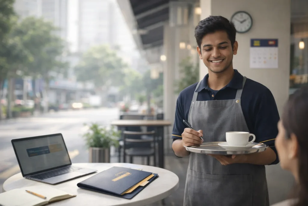 Part-time job in Malaysia for international students: student working at a cafe with coffee tray and customer