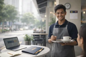Part-time job in Malaysia for international students: student working at a cafe with coffee tray and customer