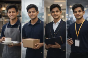 International student working part-time in Malaysia shown in four jobs: cafe waiter, delivery rider, office assistant, and retail staff