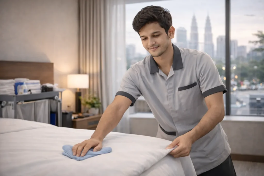 International student working in housekeeping in Malaysia, cleaning a hotel room bed while wearing a uniform