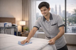 International student working in housekeeping in Malaysia, cleaning a hotel room bed while wearing a uniform