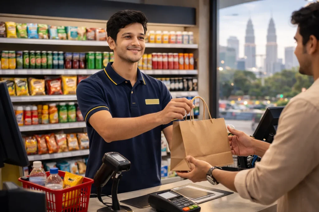 International student working in a convenience store in Malaysia, handing a shopping bag to a customer at the counter