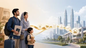 Family preparing for a dependent visa journey to Malaysia with Kuala Lumpur skyline and application process icons